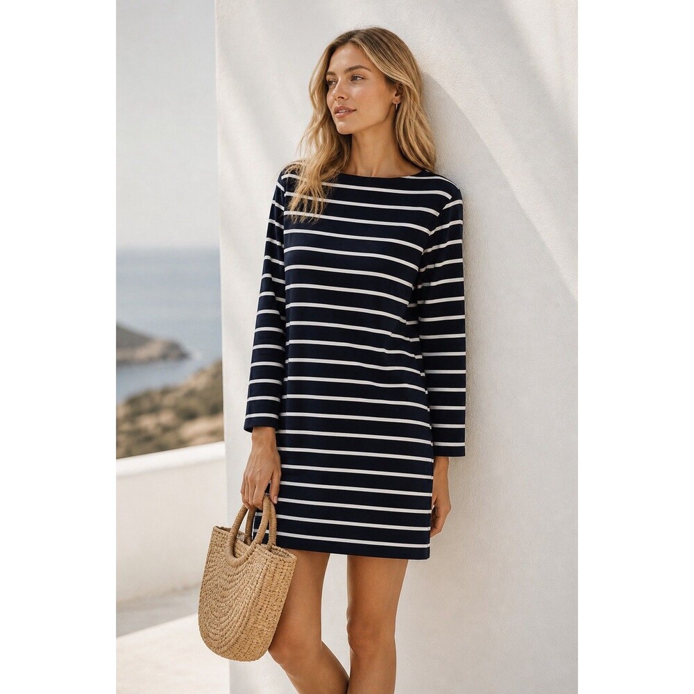 Reformation Junia Knit Dress Size M Navy Blue White Stripe Tencel Shirt Dress